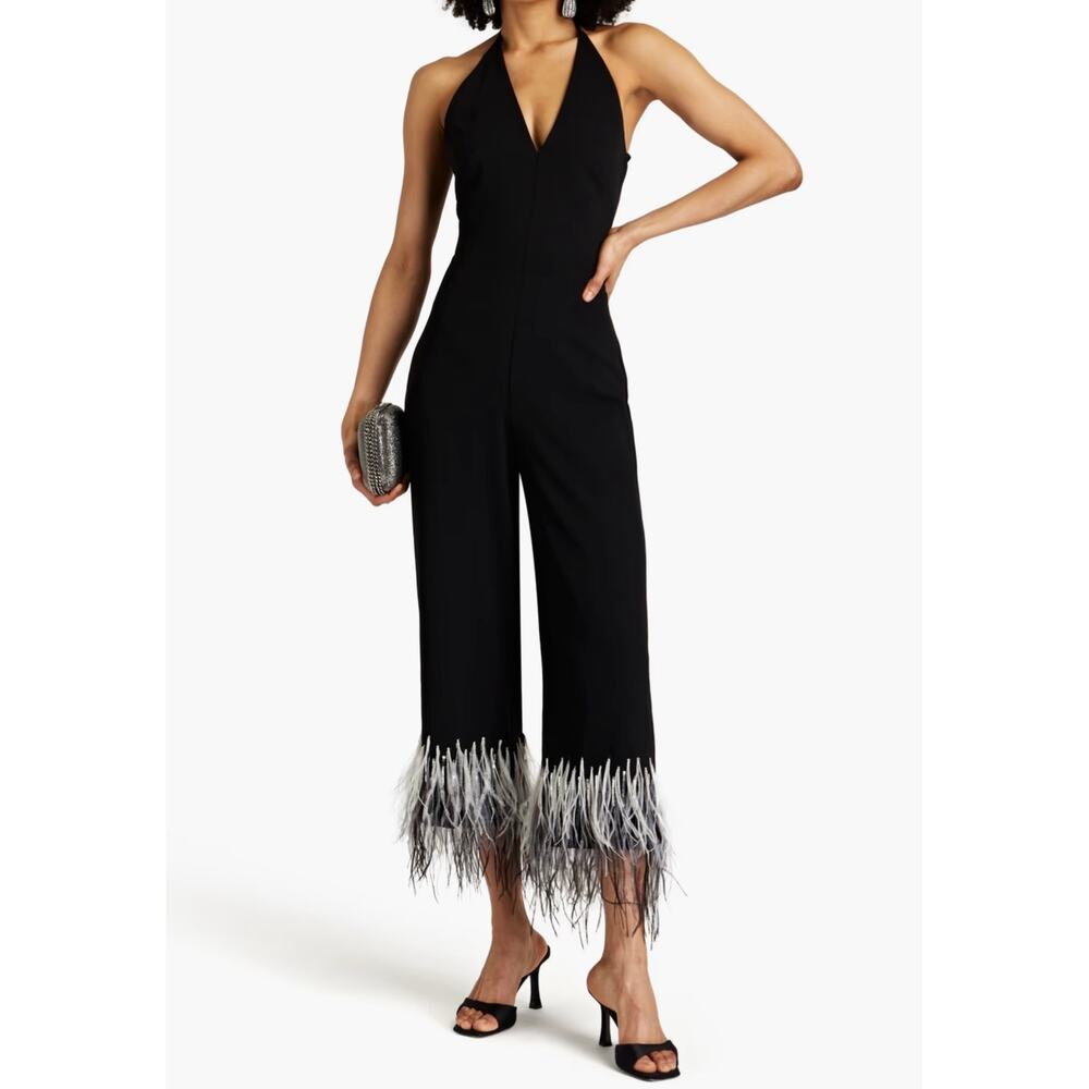 Halston NWT Kaitlyn Jumpsuit Faux Feather Trim Black Halter Women’s Sz 12
